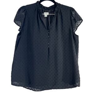 J.Crew Black Button V-Neck Lined Sheer Raised Dot Cap Sleeve Blouse Size S